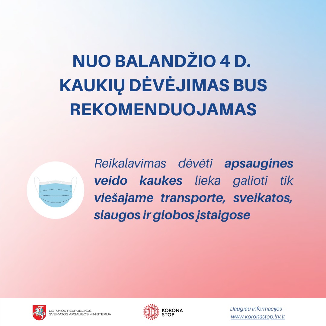 Nuo balandžio 4 d. kaukių dėvėjimas bus rekomenduojamas, trumpinamas COVID-19 ligonio izoliacijos laikotarpis