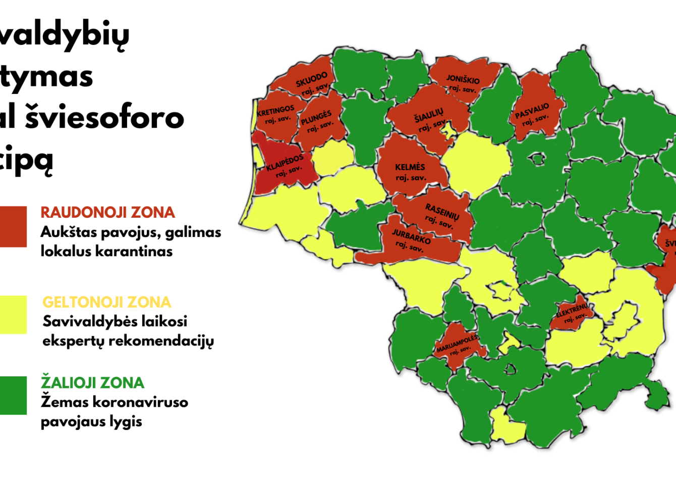Patvirtinta: nuo šiol savivaldybės pagal sergamumą koronavirusu bus skirstomos į šviesoforo spalvų zonas