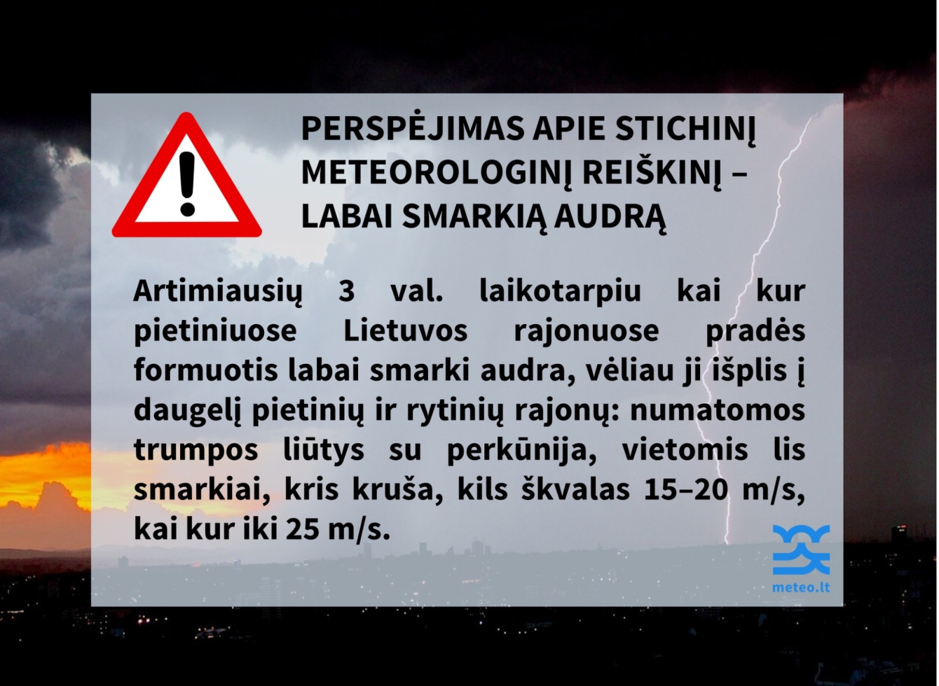 Perspėjimas apie stichinį meteorologinį reiškinį – labai smarkią audrą