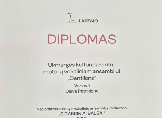 Ansamblio „Cantilena“ gautas diplomas
