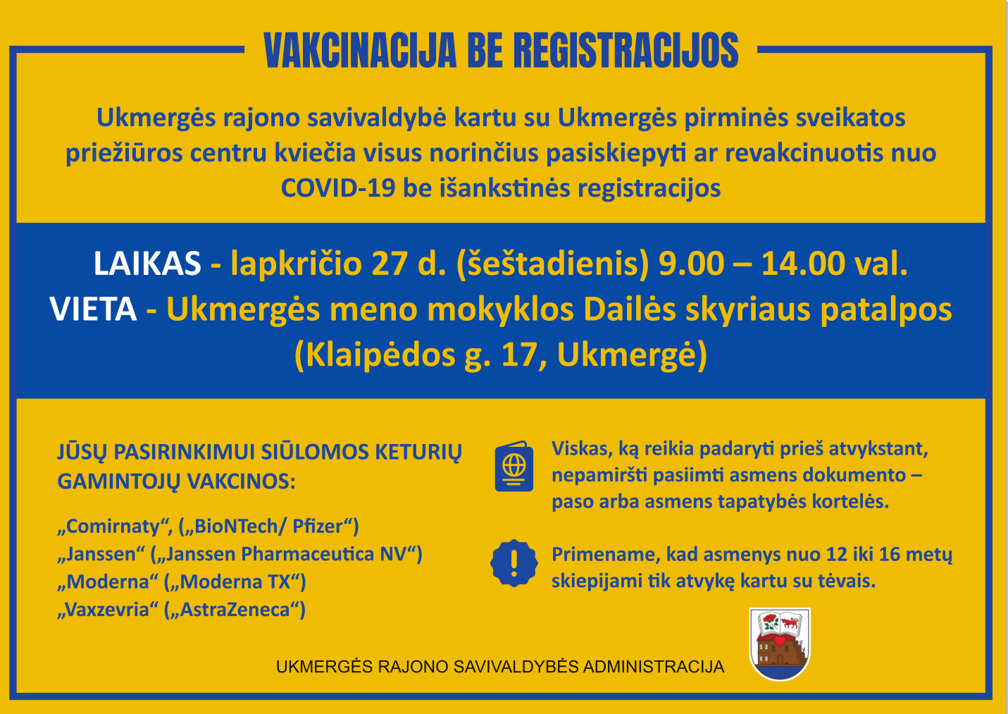 Pasiskiepyti be registracijos  bus galima 2021 11 27