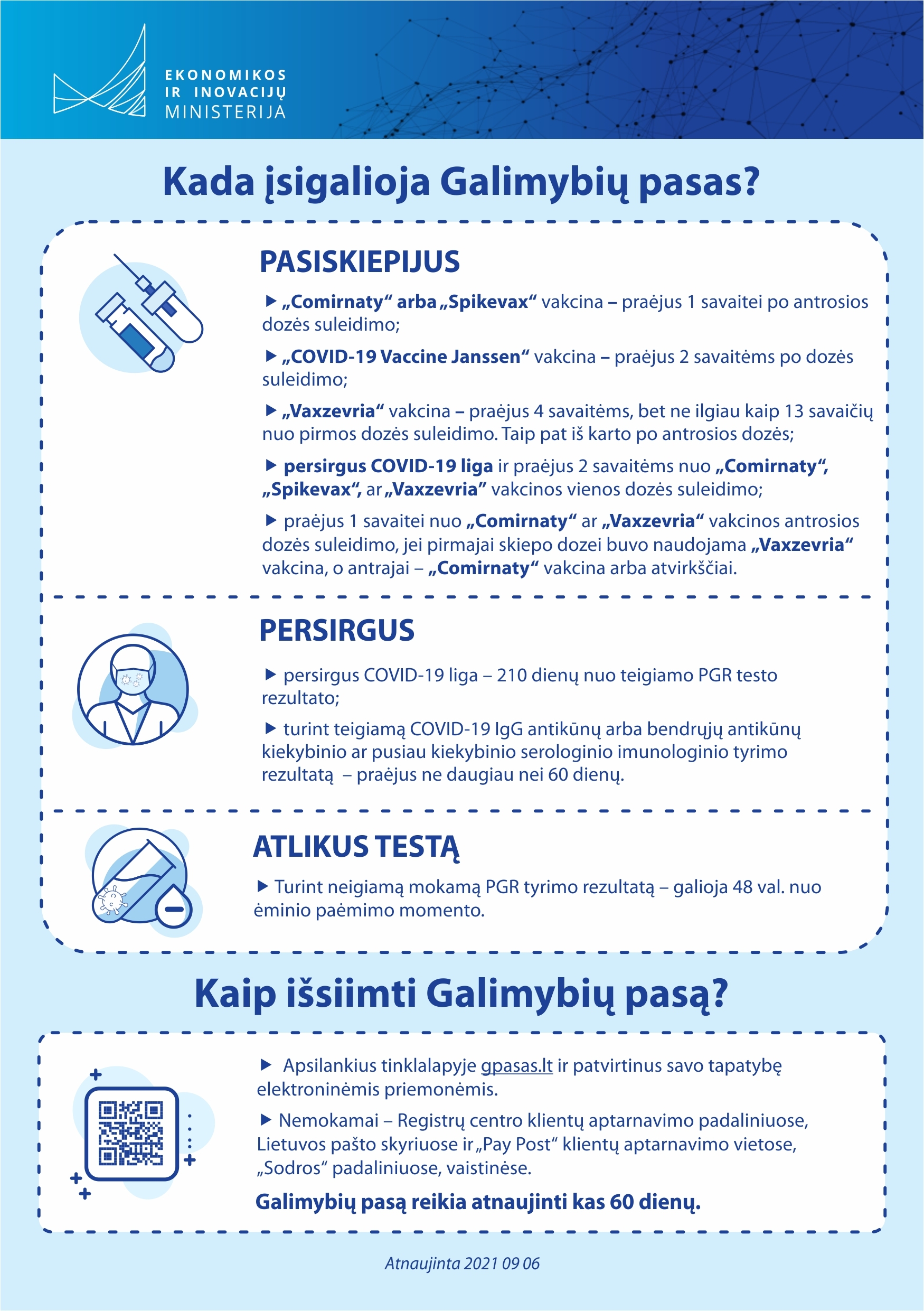 Galimybių pasas įsigalioja pasiskiepijus, persirgus, atlikus testą