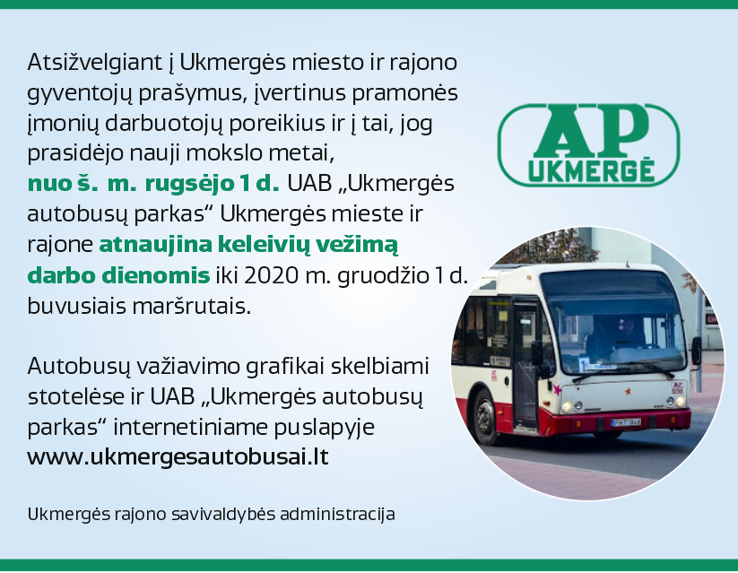 Nuo rugsėjo 1 d. UAB „Ukmergės autobusų parkas“ Ukmergės mieste ir rajone atnaujina keleivių vežimą darbo dienomis iki 2020 m. gruodžio 1 d. buvusiais maršrutais. 