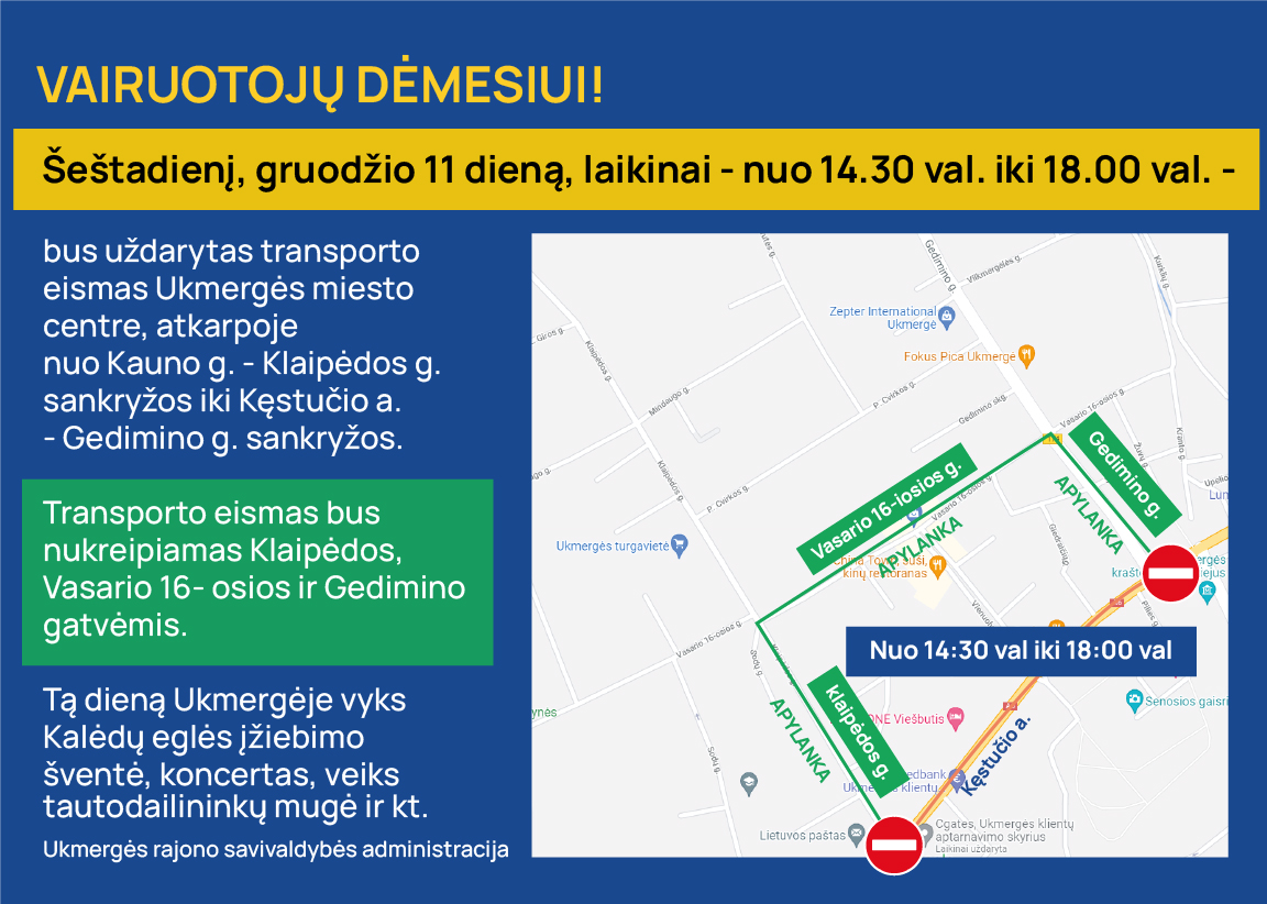 Gruodžio 11 d. laikinai bus uždarytas eismas Ukmergės miesto centre